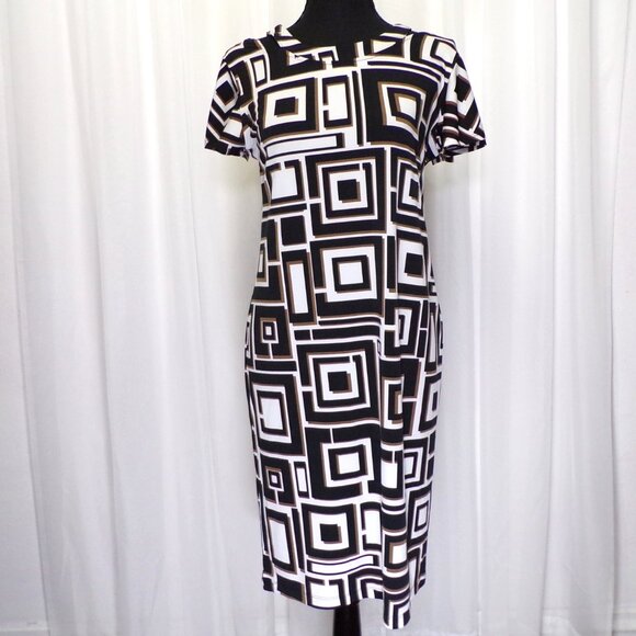 Chico's Midi Shift Dress Womens 0 US 4 Small White Brown Black Cold Shoulder Mod - Picture 2 of 12